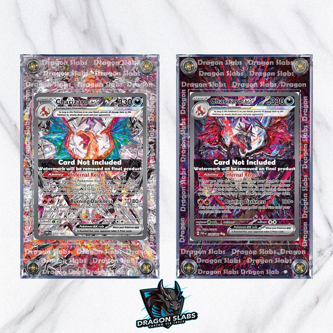 x2 Pokemon Charizard EX 234 Paldean Fates & 223 Obsidian Flames Custom Display Case Slabs Extended Artworks