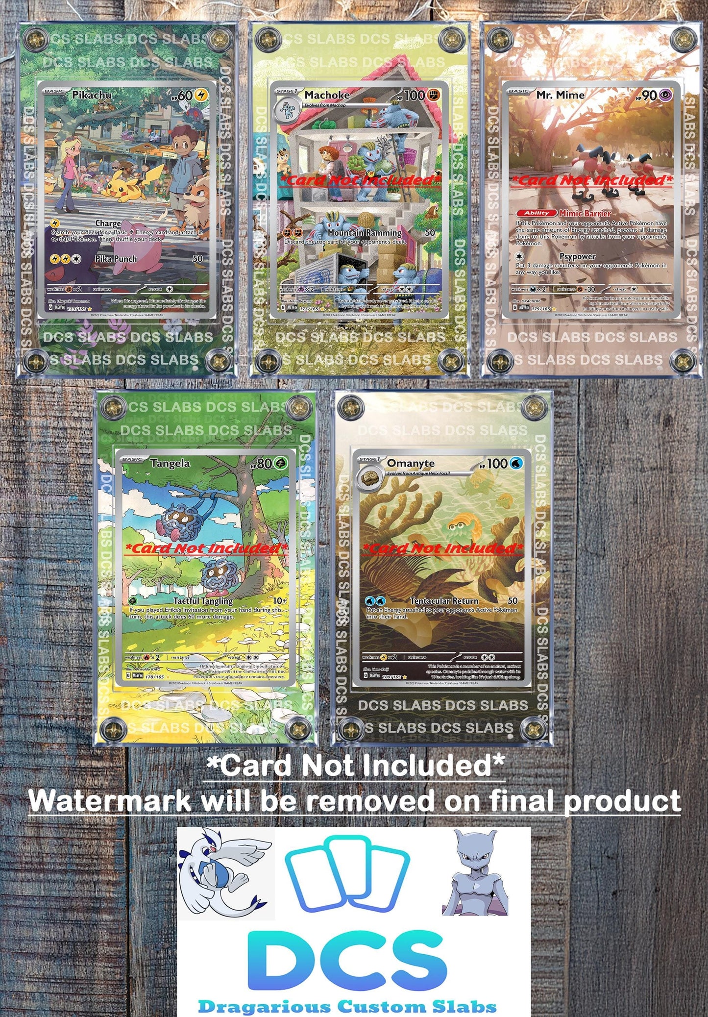 x5 Pokemon 151 IR Custom Display Cases - Pikachu Machoke Mr Mime Omanyte Tangela