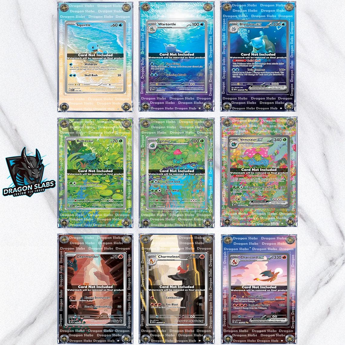 X9 Pokemon 151 Starters Display Extended Art Cases - Charmander, Charmeleon, Charizard, Squirtle, Wartortle, Blastoise, Bulbasaur, Venusaur