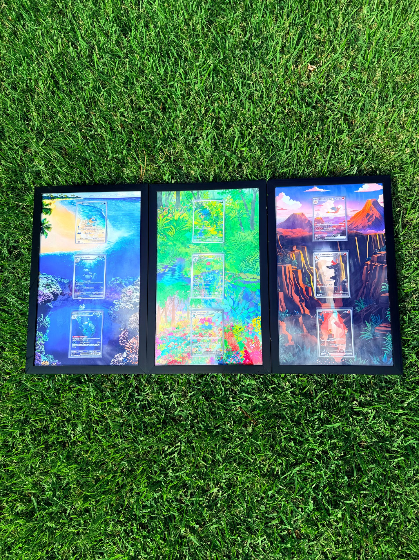 x3 Pokemon 151 Charmander, Squirtle, Bulbasaur Starter Evolution Set Pokémon Card 8.5 x 14" Display Frames