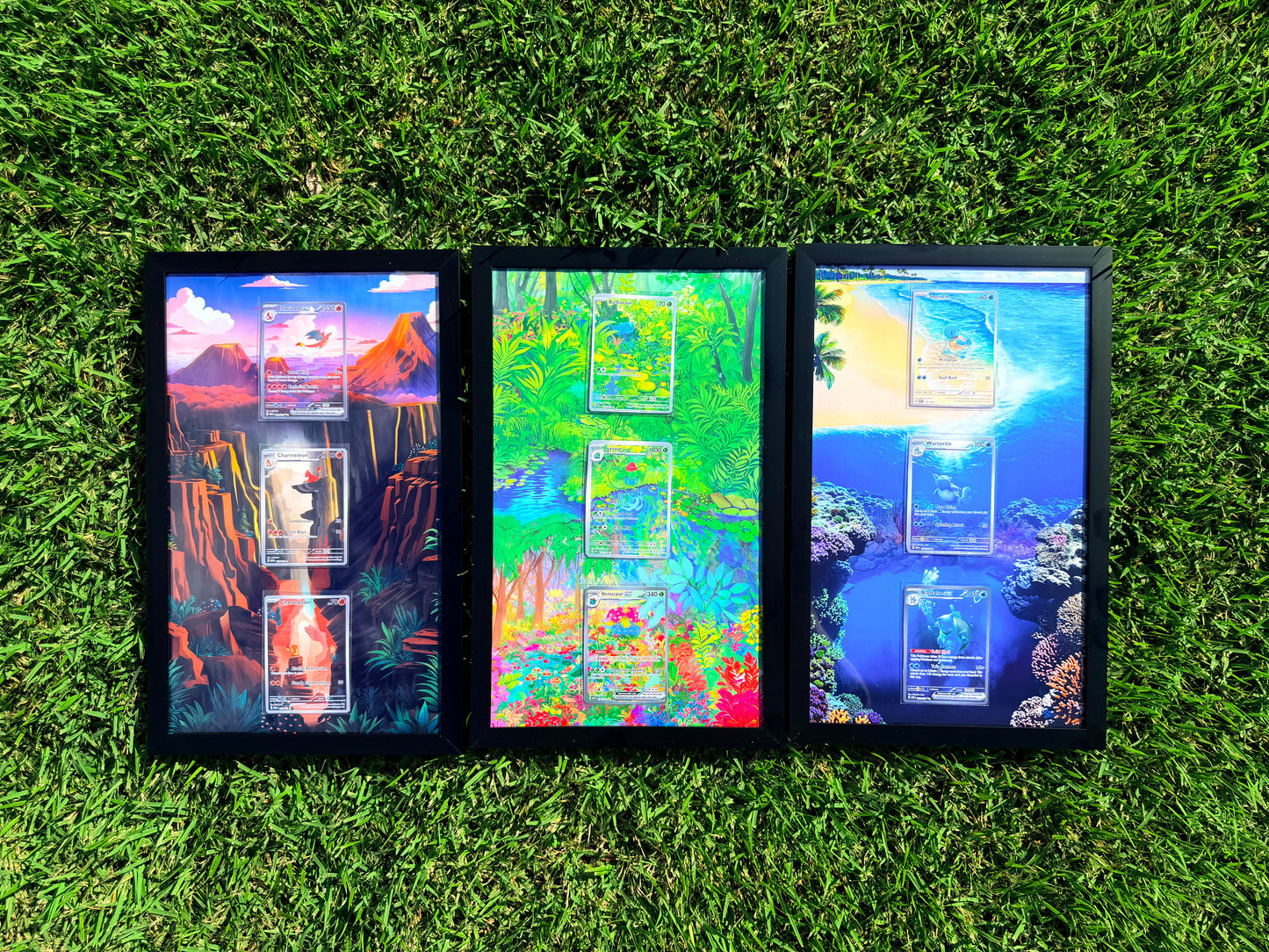 x3 Pokemon 151 Charmander, Squirtle, Bulbasaur Starter Evolution Set Pokémon Card 8.5 x 14" Display Frames
