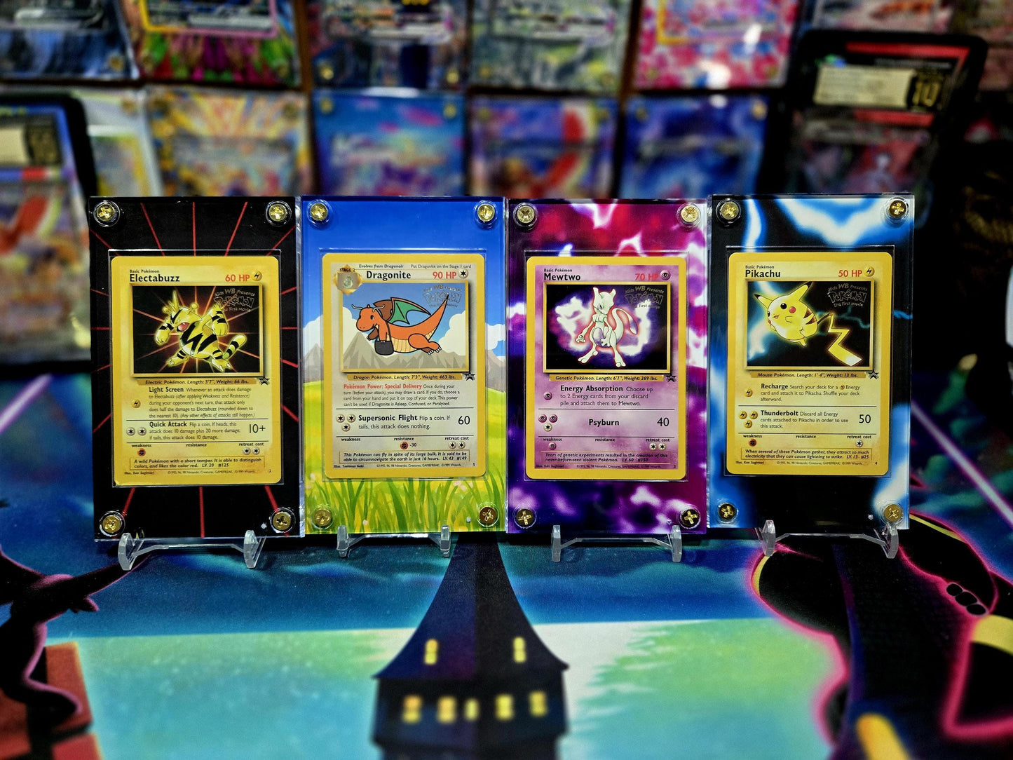 x4 Pokemon Pikachu Dragonite Mewtwo Electabuzz Black Star Movie Promo Extended Art Custom Cases