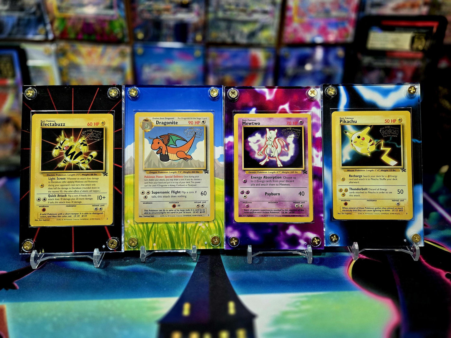 x4 Pokemon Pikachu Dragonite Mewtwo Electabuzz Black Star Movie Promo Extended Art Custom Cases